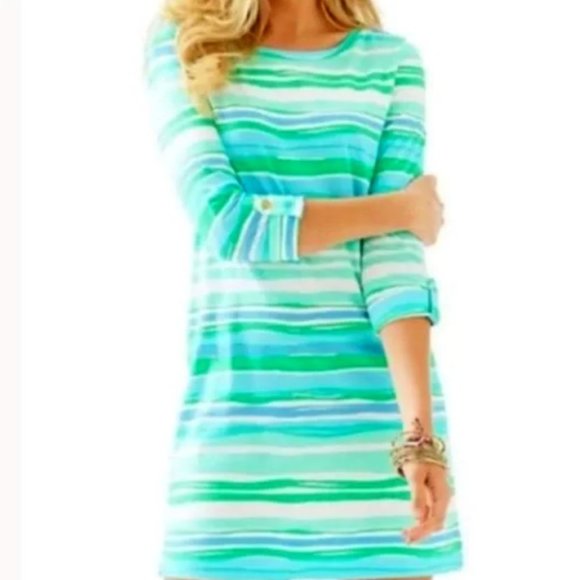 Lily Pulitzer Linden Seaspray Blue Sea Stripe Coastal Tee Shirt - Size Small - Picture 1 of 3